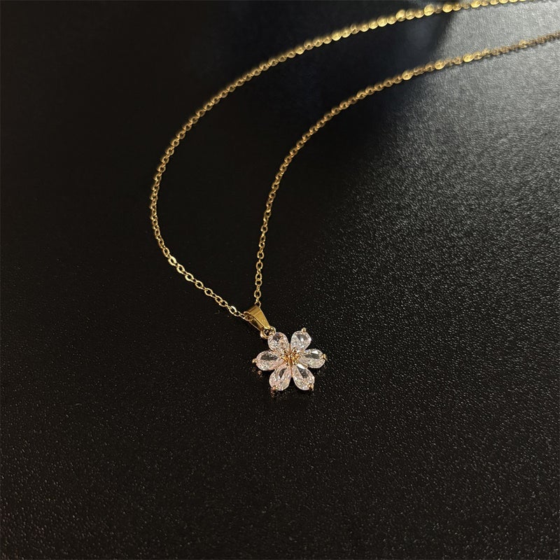 Fashion New Flower Full Diamond Zircon Pendant Stainless Steel Chain Lady Necklace - Image 4